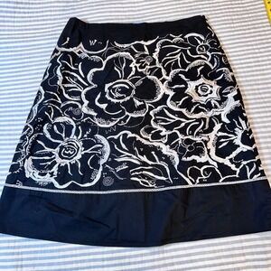 White + Warren Black White Floral Embroidered Cotton A-Line Skirt Size 8